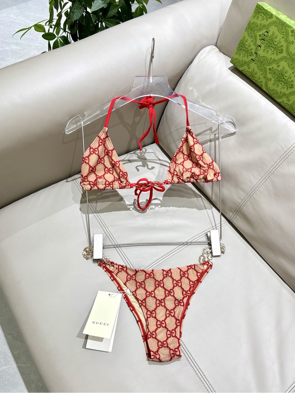 Gucci Beige and Red GG Logo Triangle Bikini Set - Picture 2 of 9